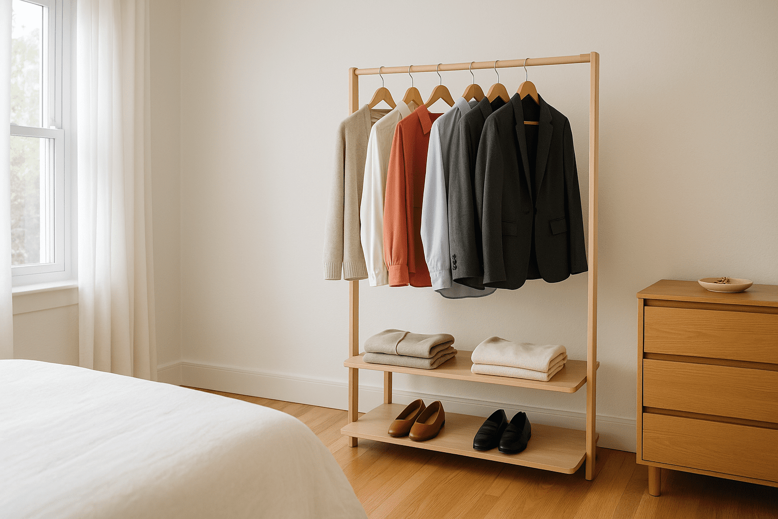a rack with clothes and shoes on it-minimalist wardrobe