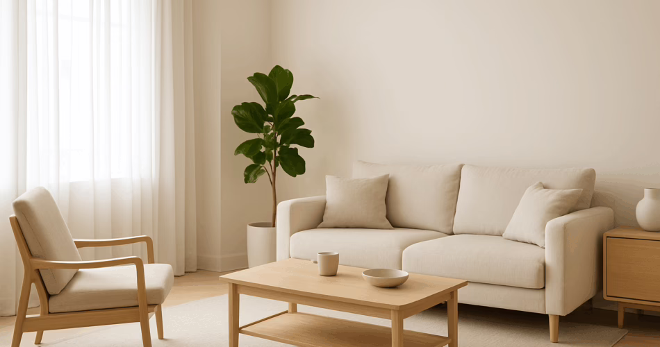 Minimalist living room with sunlit neutral decor and a single green plant, symbolizing calm after decluttering.