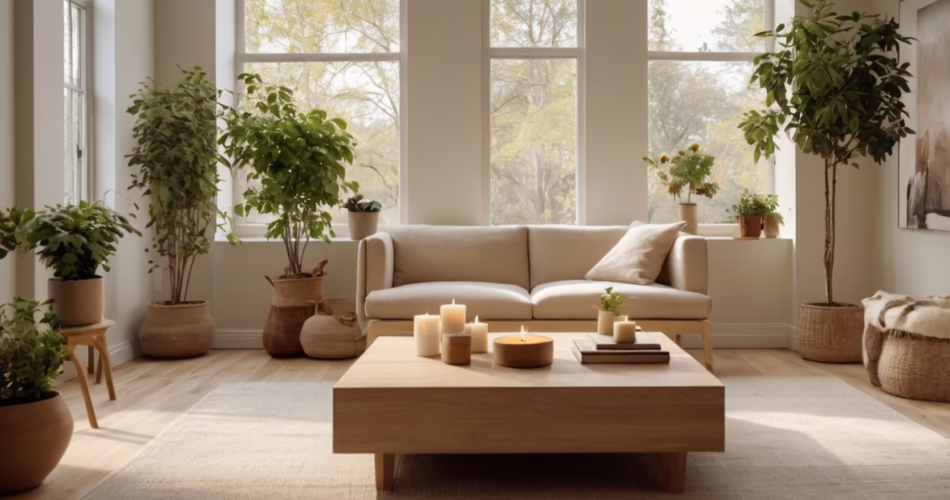 A peaceful minimalist living room with a cozy chair, leafy plant, and warm natural light.