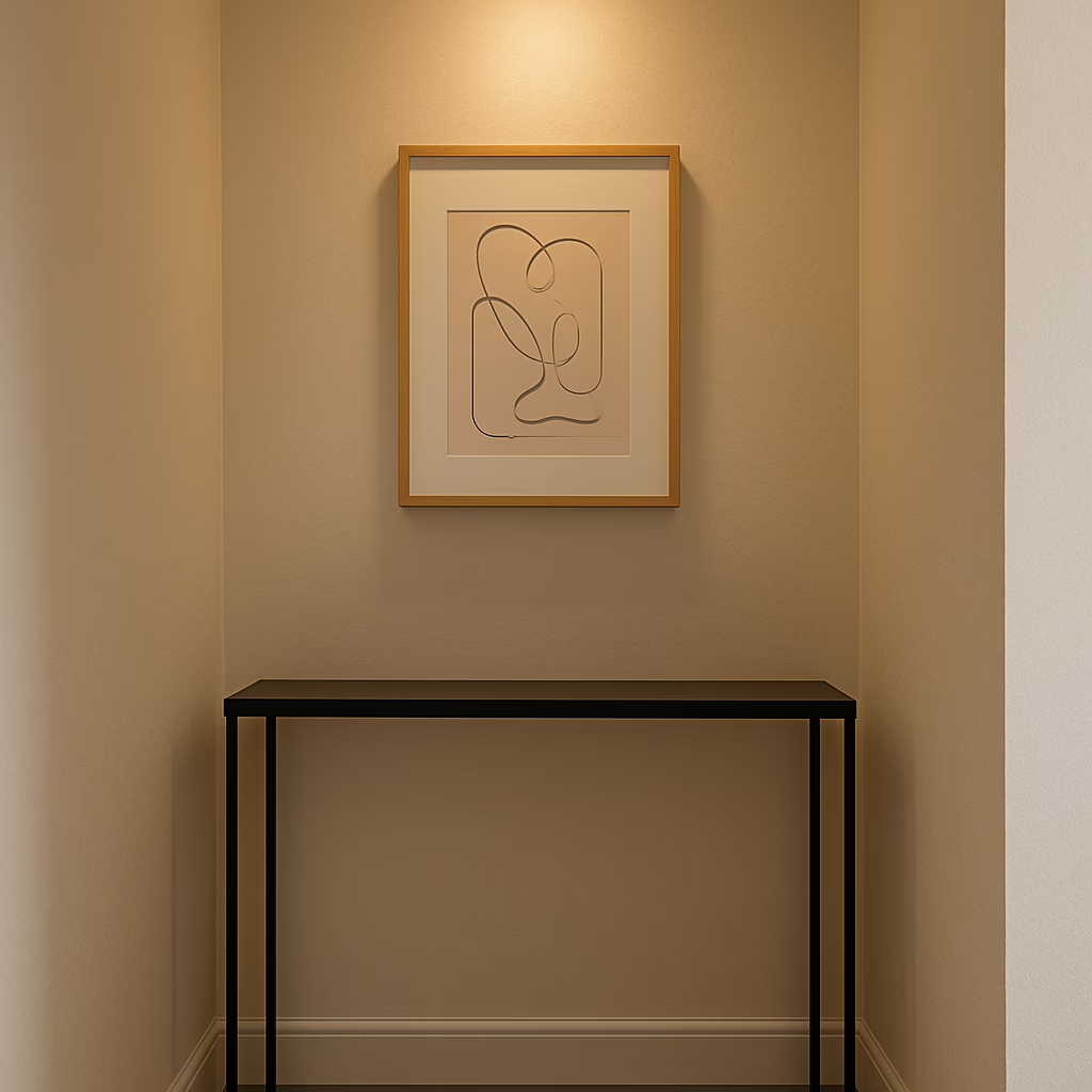 Minimalist wallpaper in a narrow hallway with framed art