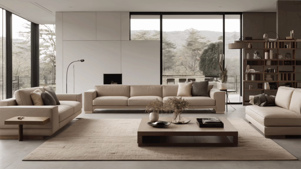 Minimalist sofa and coffee table in modern living room